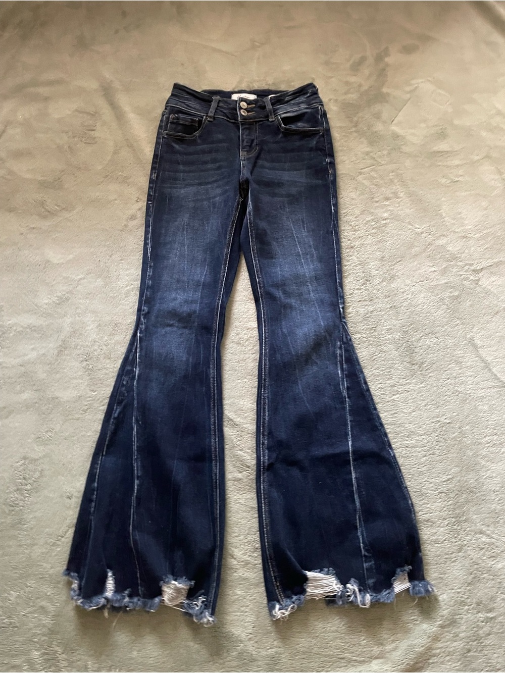 KanCan Dark Blue Flared Jeans with Distressed Hem